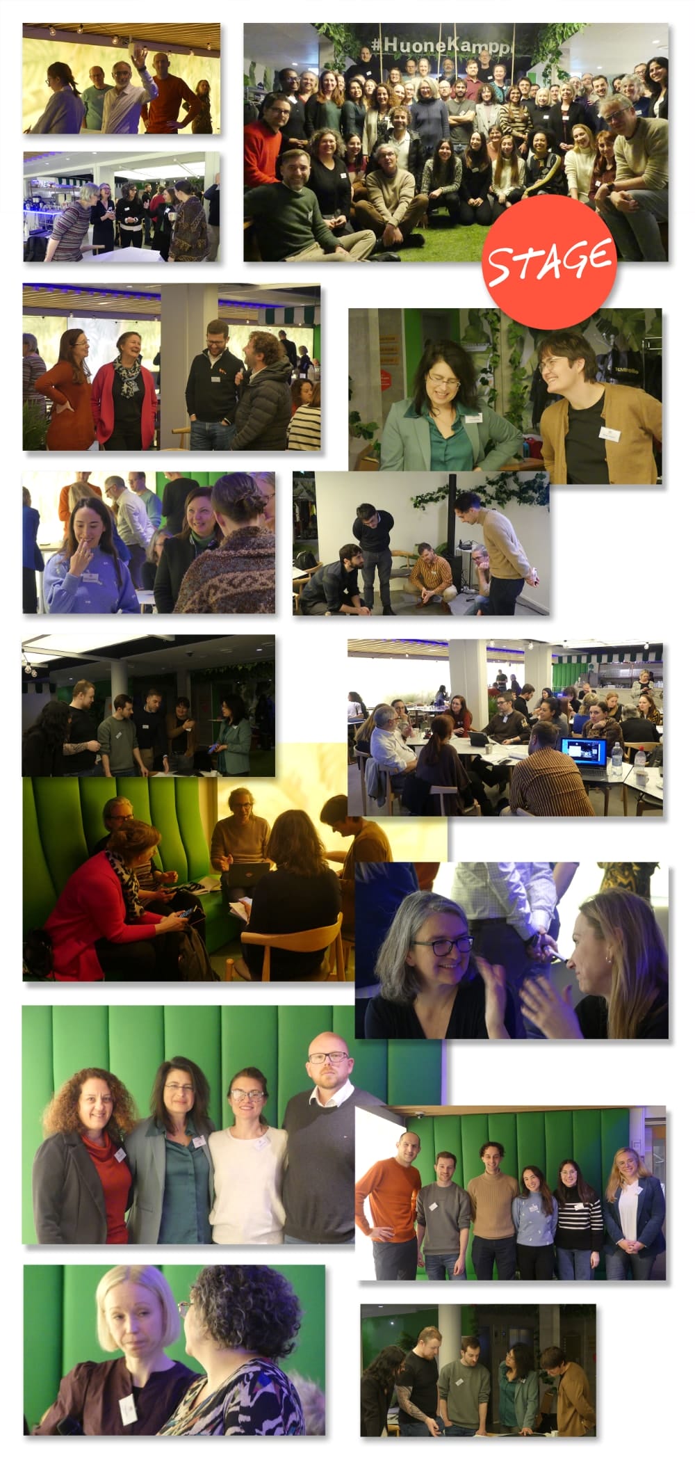 A collage of pictures of people in a room.