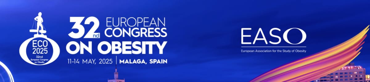 Banner for the 32nd European Congress on Obesity, scheduled for 17-20 May 2023 in Malaga, Spain, with website link www.eco2023.org and a QR code.