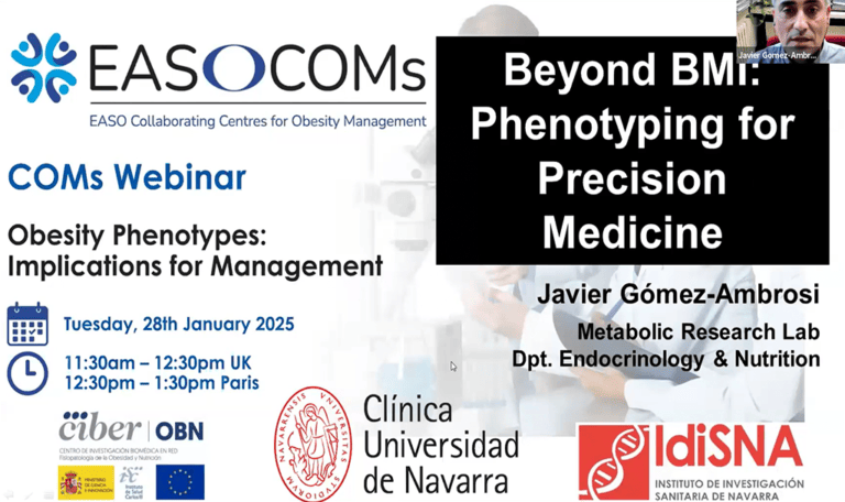 Webinar poster titled "Beyond BMI: Phenotyping for Precision Medicine" with details about timing and speaker, Javier Gómez-Ambrosi from the Clínica Universidad de Navarra.