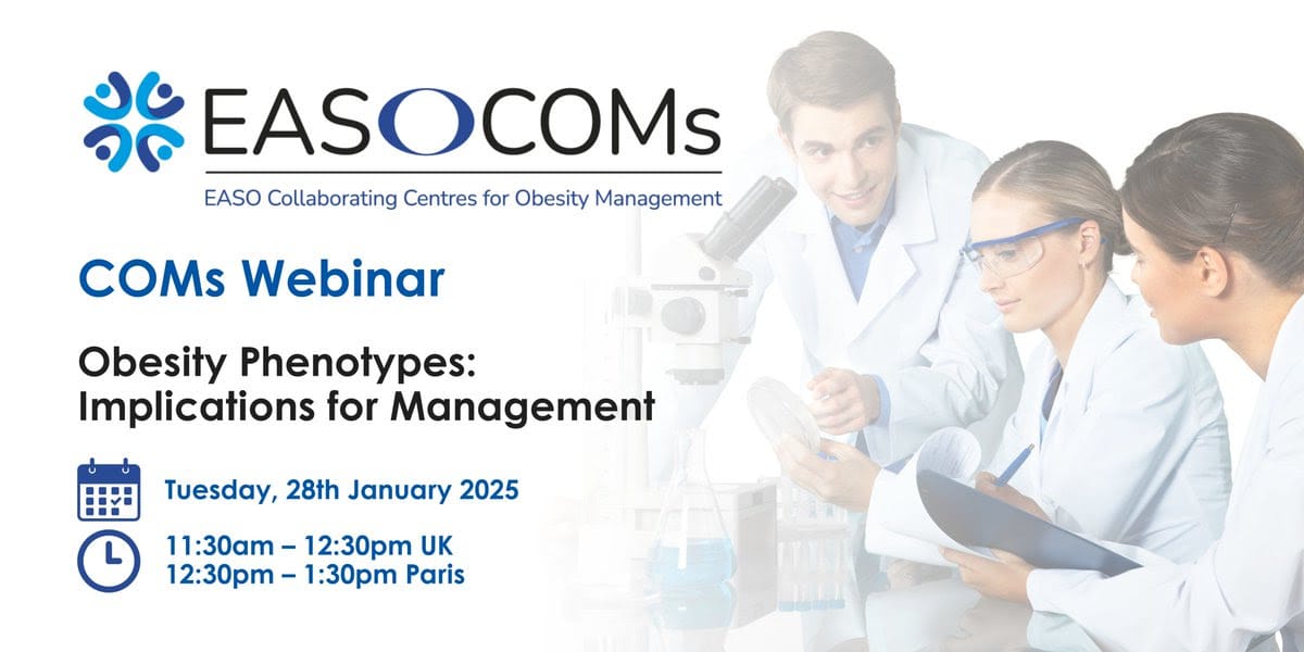 Advertisement for an EASO COMs webinar on obesity phenotypes and management implications, scheduled for Tuesday, 28th January 2025, with times listed for UK and Paris.