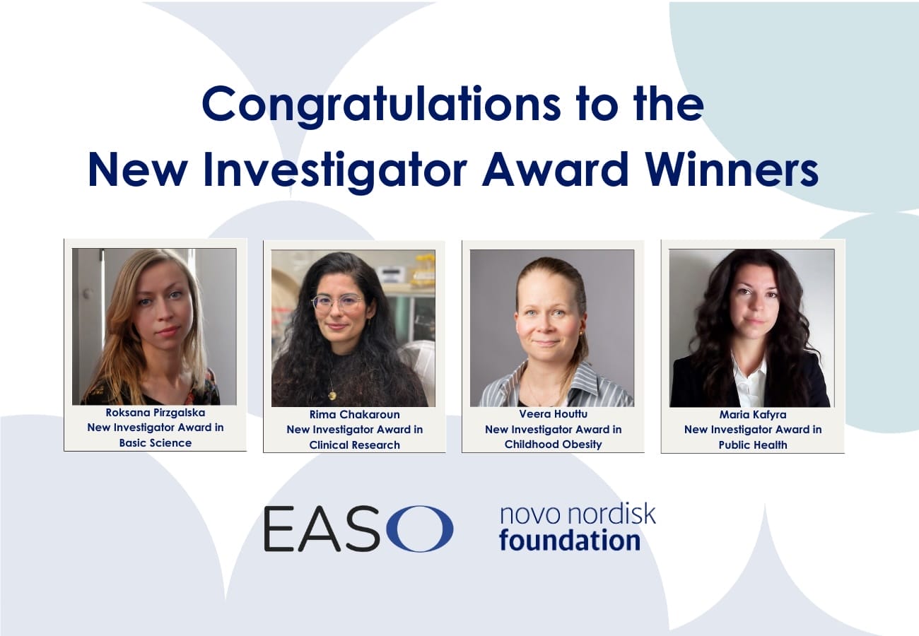 Banner congratulating New Investigator Award winners with four individual photos and their respective fields. Logos for EASO and Novo Nordisk Foundation at the bottom.