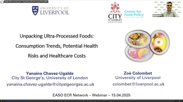 Webinar title slide showing "Unpacking Ultra-Processed Foods," with names, affiliations, emails of presenters, logos of University of Liverpool and City, University of London, and food images.