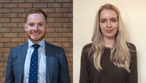 Two people pose for photos side by side against neutral backgrounds; the man on the left wears a suit, and the woman on the right wears a dark top.