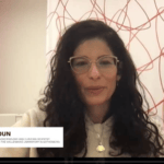 A woman with long dark hair and glasses sits indoors, speaking on video. The screen displays "Rima Chakaroun" and EASO (European Association for the Study of Obesity) logos.