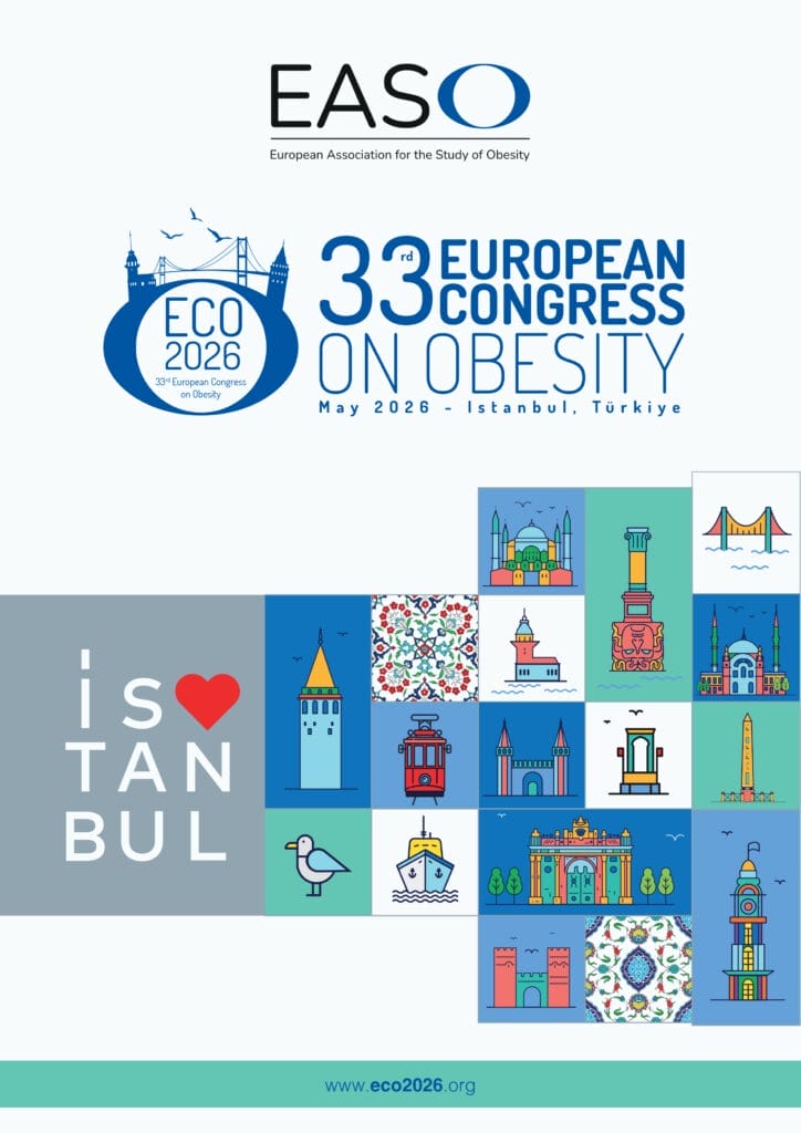 Poster for the 33rd European Congress on Obesity, May 2026 in Istanbul, featuring event details and colorful Istanbul landmarks with the phrase "I ♥ Istanbul.