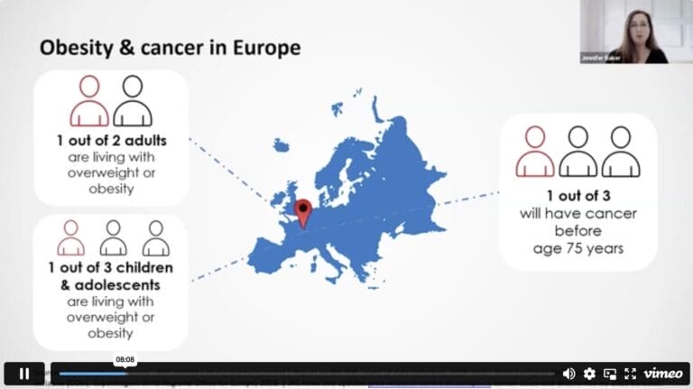 A slide showing obesity and cancer statistics in Europe with graphics and a map; includes a speaker in the top right corner during a video presentation.