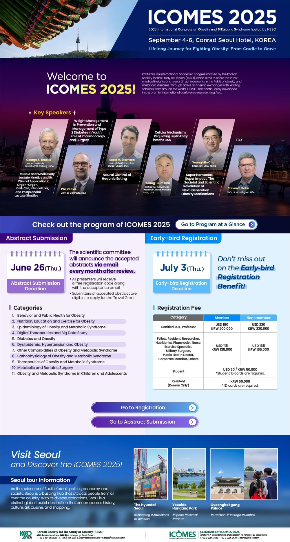 Promotional poster for ICOMES 2025 detailing key speakers, registration deadlines, abstract submission info, program overview, and event location at Conrad Seoul Hotel, Korea.