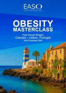 Promotional poster for the Obesity Masterclass, held by EASO in Cascais, Lisbon, Portugal, on 20-22 November 2025, featuring a coastal scene with a lighthouse and buildings.