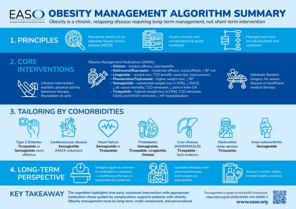 Infographic summarizing the EASO obesity management algorithm, outlining principles, core interventions, comorbidity tailoring, and long-term strategies for obesity treatment.