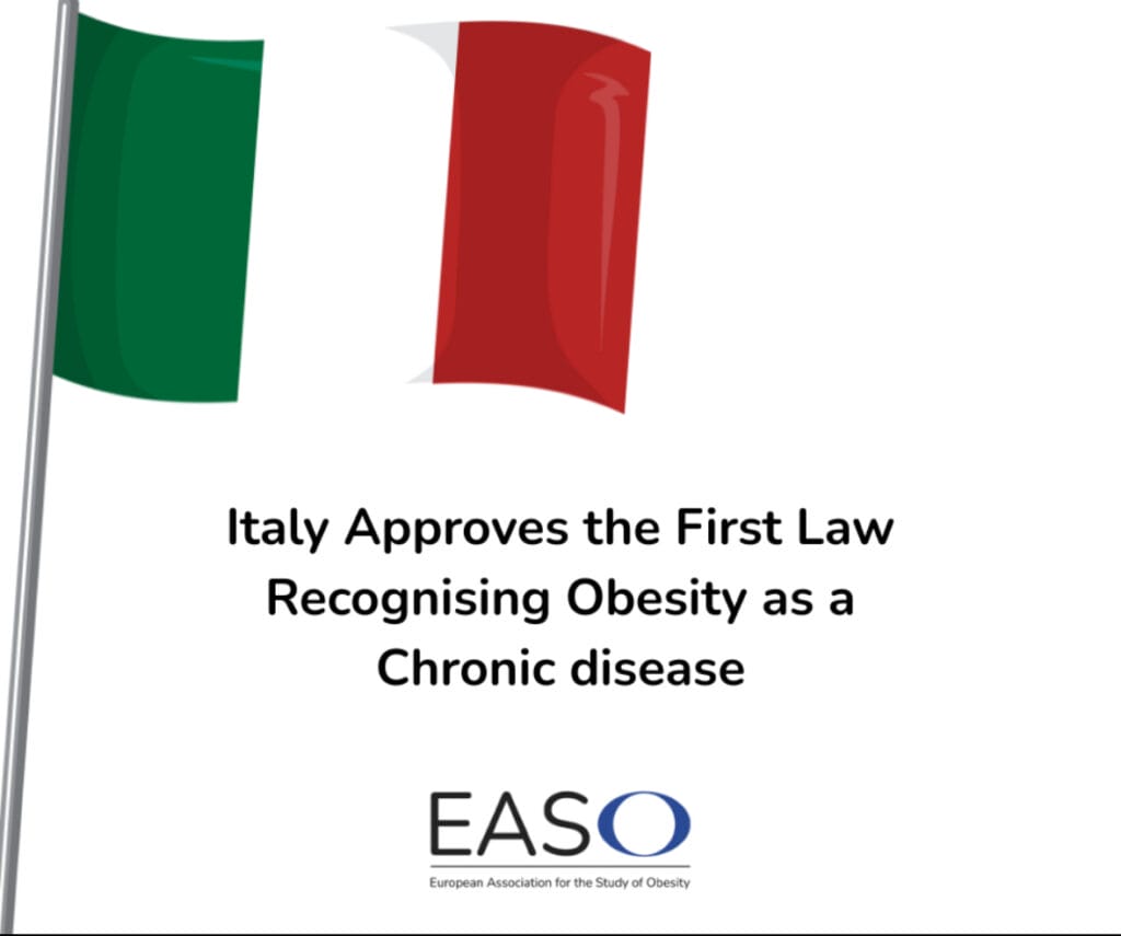 Italian flag with text: "Italy Approves the First Law Recognising Obesity as a Chronic Disease" and the EASO logo below.